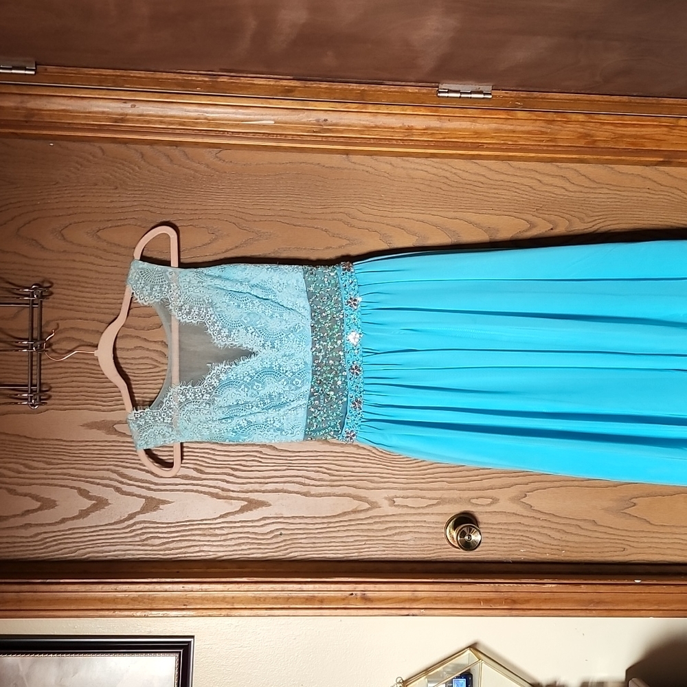 Blue Prom Dress with Lace See Through Top with Long Skirt